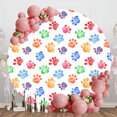 Lofaris Colorful Pet Footprint White Round Birthday Backdrop