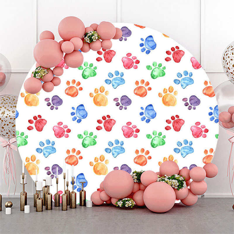 Lofaris Colorful Pet Footprint White Round Birthday Backdrop