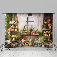 Lofaris Colorful Potted Flower White Curtain Spring Backdrop