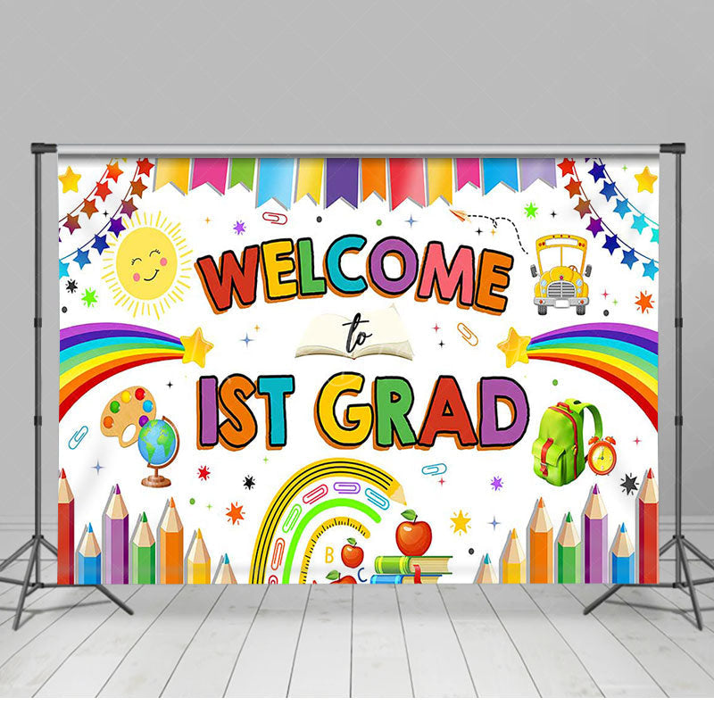 Lofaris Colorful Stationery Welcome To 1st Grad Backdrop