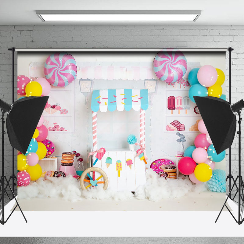 Lofaris Colorful Sweet Candy Store Balloons Birthday Backdrop