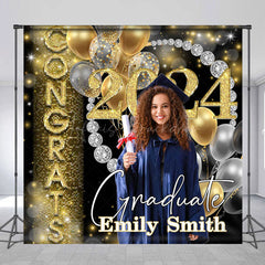 Lofaris Congrats Diamond Gold Black Bokeh Custom Grad Backdrop