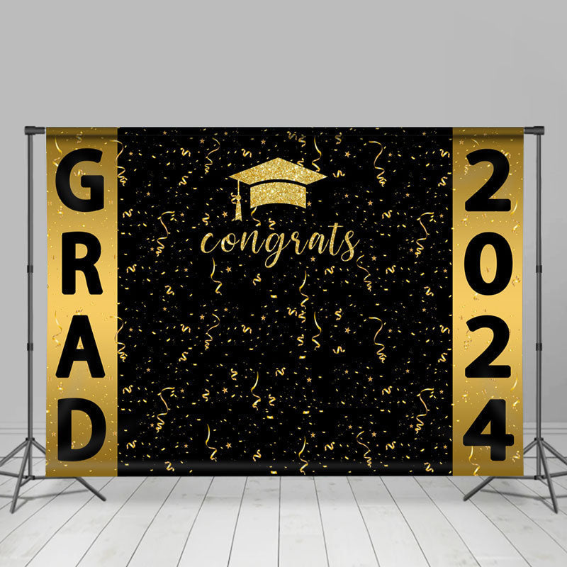 Lofaris Congrats Golden Ribbons Black Graduation Backdrop