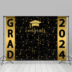 Lofaris Congrats Golden Ribbons Black Graduation Backdrop