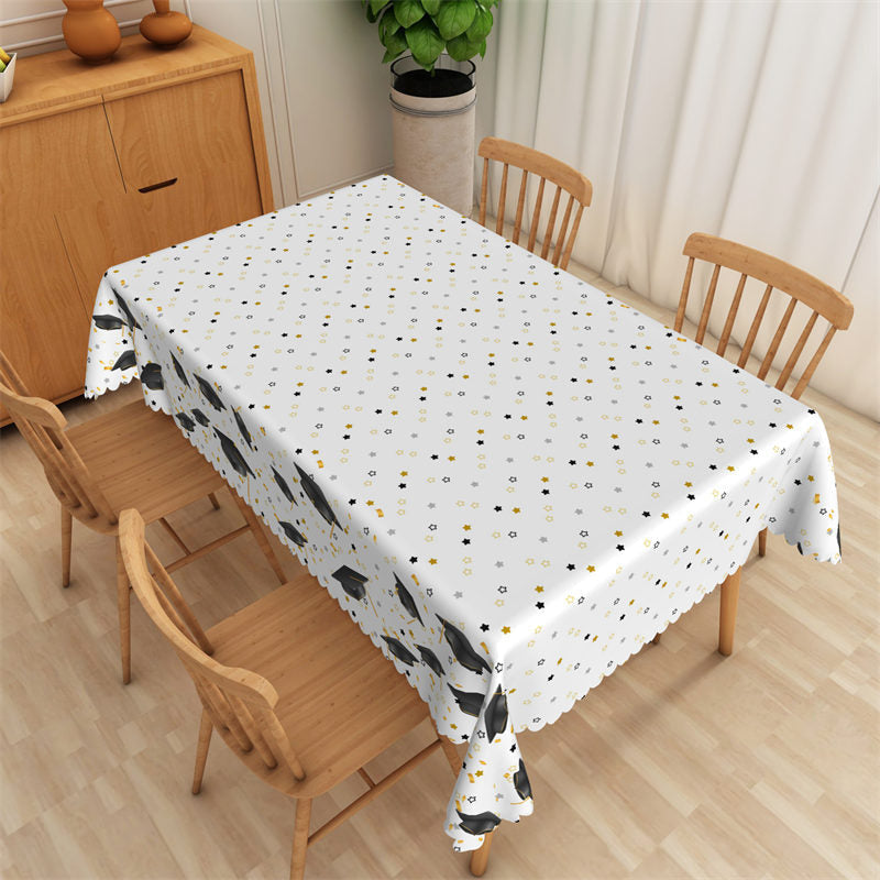 Lofaris Congrats Grad White Trencher Cap Star Tablecloth