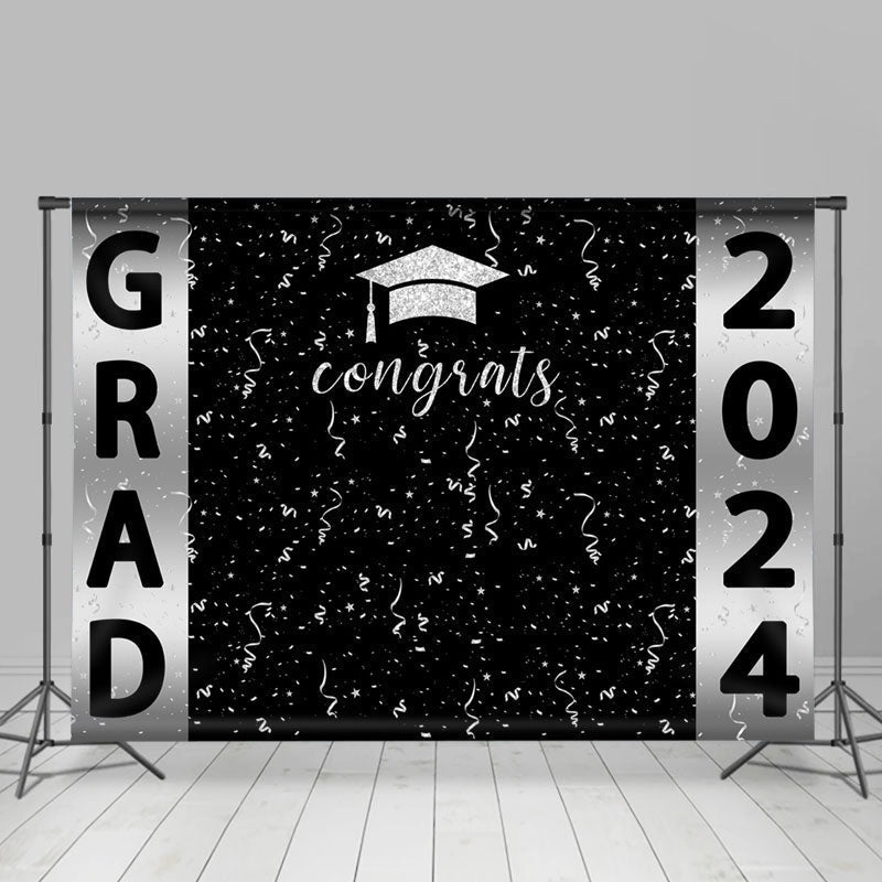 Lofaris Congrats Silver Ribbons Black Graduation Backdrop