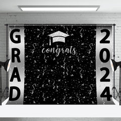 Lofaris Congrats Silver Ribbons Black Graduation Backdrop