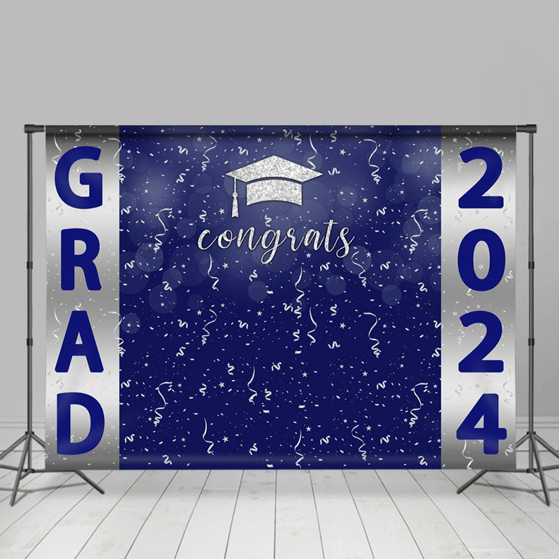 Lofaris Congrats Silver Ribbons Blue Graduation Backdrop