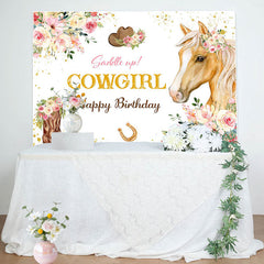 Lofaris Cowgirl Pink Floral Horse Happy Birthday Backdrop