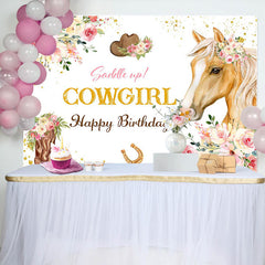 Lofaris Cowgirl Pink Floral Horse Happy Birthday Backdrop