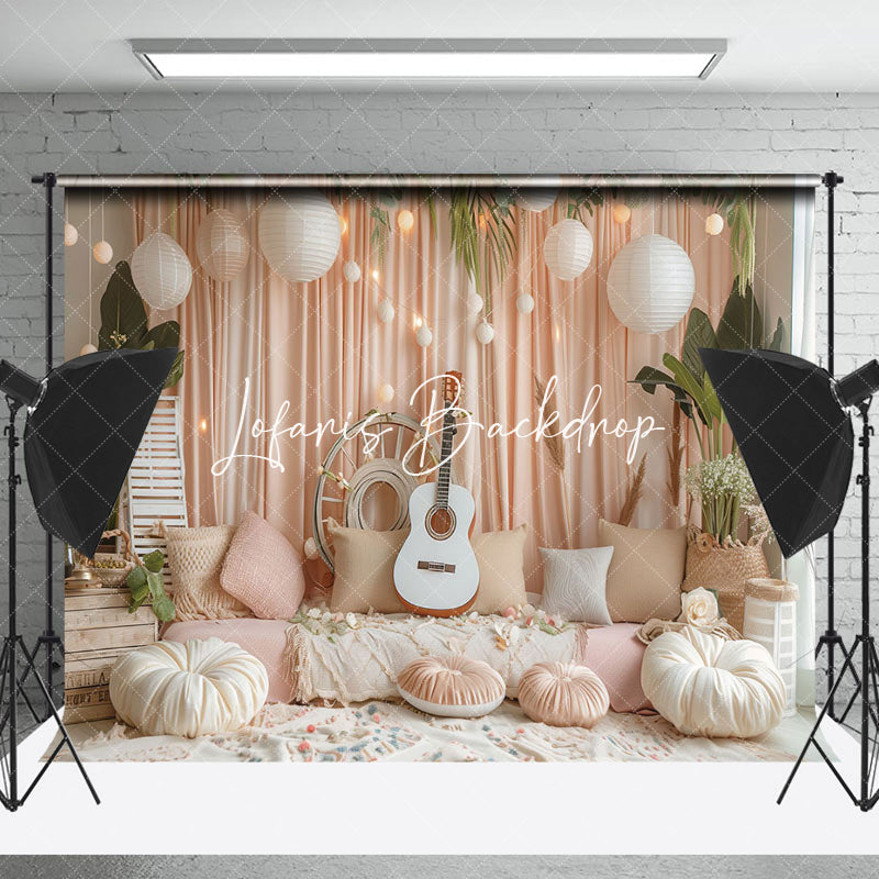 Lofaris Cozy Room Sofa Guitar Greenery Cake Smash Backdrop