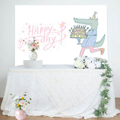 Lofaris Crocodile Holding Cake Pink Happy Birthday Backdrop