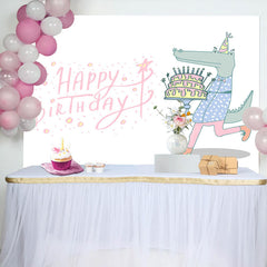 Lofaris Crocodile Holding Cake Pink Happy Birthday Backdrop