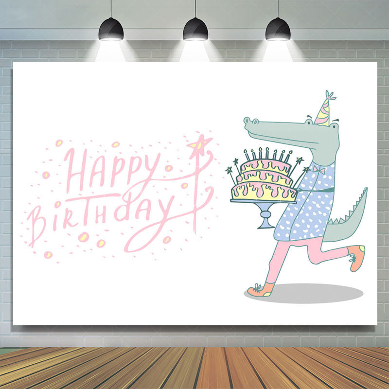 Lofaris Crocodile Holding Cake Pink Happy Birthday Backdrop