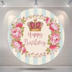 Lofaris Crown Pink Wreath Blue White Stripe Birthday Backdrop