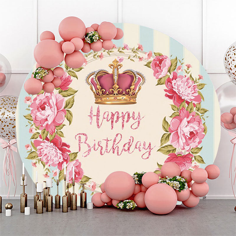 Lofaris Crown Pink Wreath Blue White Stripe Birthday Backdrop