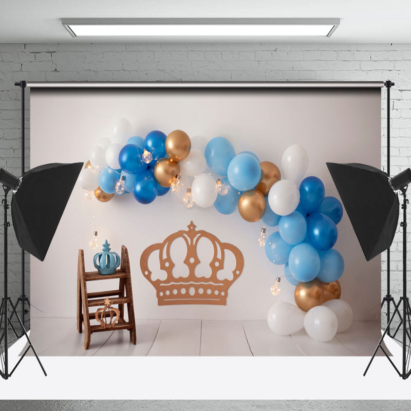 Lofaris Crown White Gold Blue Balloons Cake Smash Backdrop