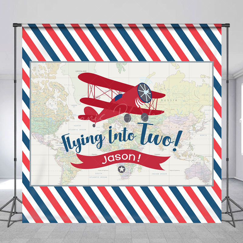 Lofaris Custom Airplane Stripe Map 2nd Birthday Backdrop