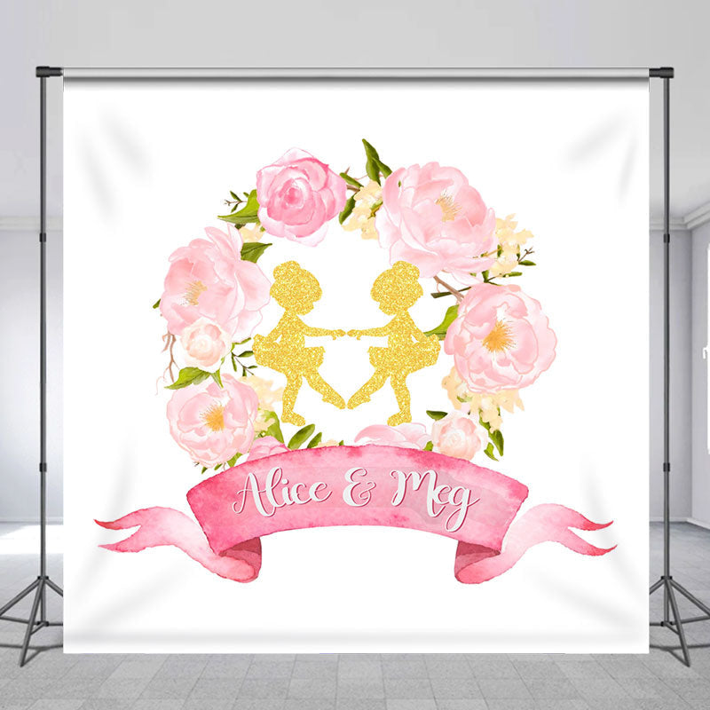 Lofaris Custom Baby Shower Backdrop Pink Flower Twin Girls