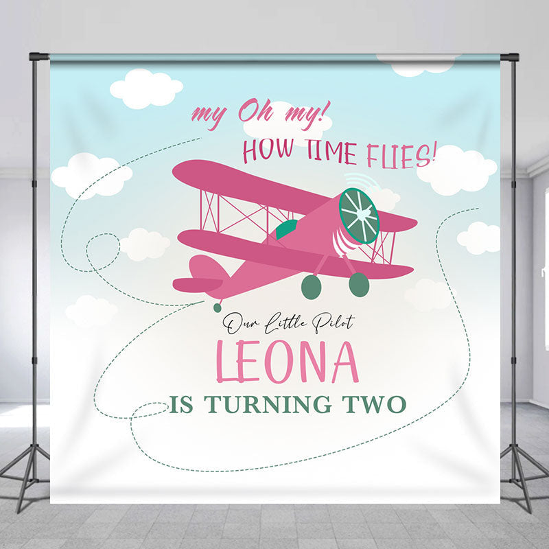 Lofaris Custom Blue Sky Pink Airplane 2nd Birthday Backdrop