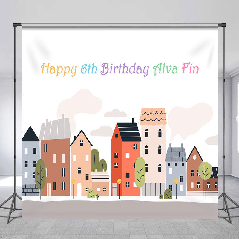 Lofaris Custom Cartoon Building 6th Happy Birthday Backdrop