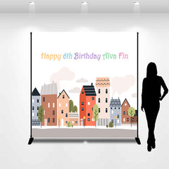 Lofaris Custom Cartoon Building 6th Happy Birthday Backdrop