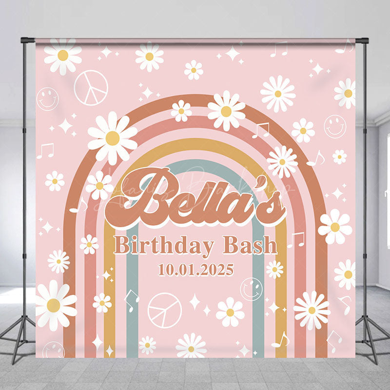 Lofaris Custom Daisy Rainbow Groovy Pink Birthday Backdrop