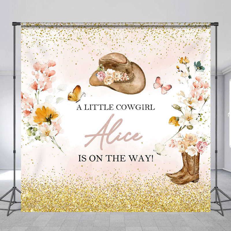 Lofaris Custom Flowers Cowgirl Glitter Baby Shower Backdrop