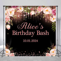 Lofaris Custom Glitter Floral Black Pink Birthday Backdrop