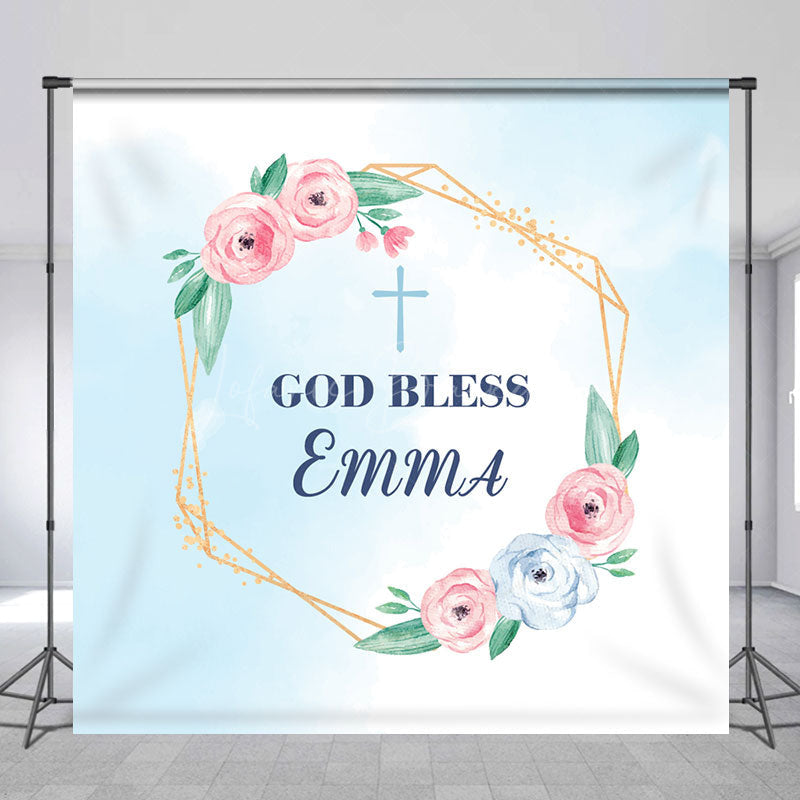 Lofaris Custom God Bless Pink Blue Flower Baptism Backdrop