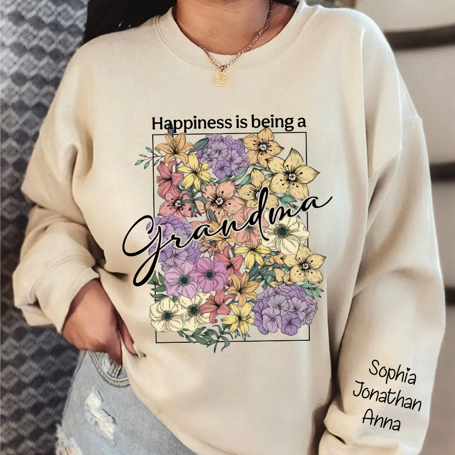 Lofaris Custom Happiness Is Being Grandma Floral Sweatshirt