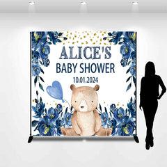 Lofaris Custom Inky Blue Flower Bear Baby Shower Backdrop