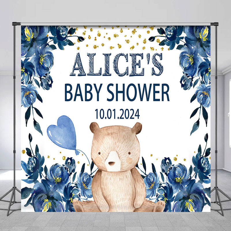 Lofaris Custom Inky Blue Flower Bear Baby Shower Backdrop