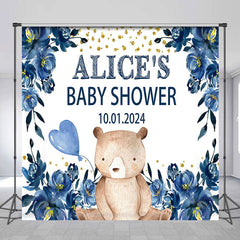 Lofaris Custom Inky Blue Flower Bear Baby Shower Backdrop