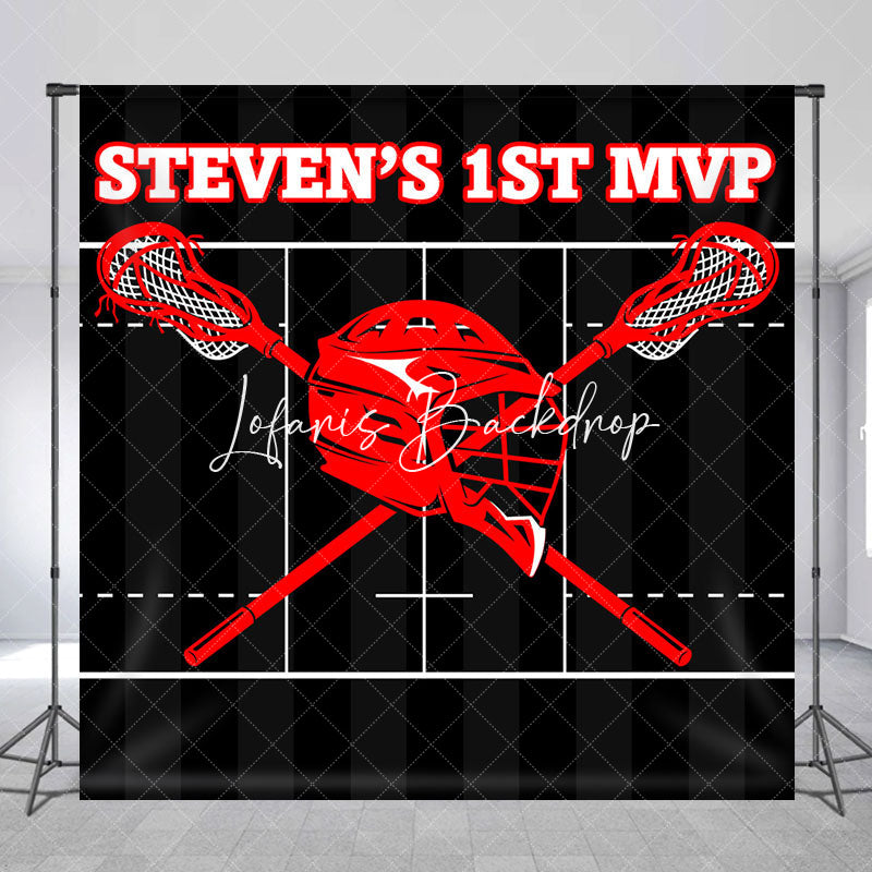 Lofaris Custom Name Black Red Lacrosse 1st Birthday Backdrop