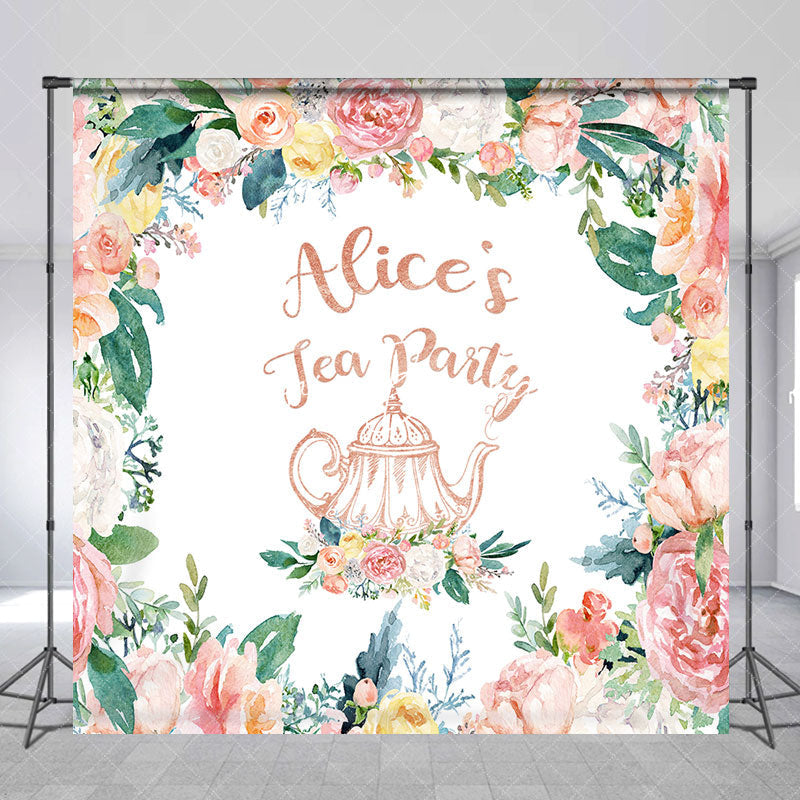 Lofaris Custom Name Colorful Floral White Tea Party Backdrop