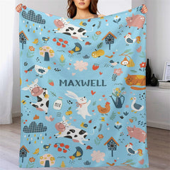 Lofaris Custom Name Cute Farm Animals Repeat Blue Blanket