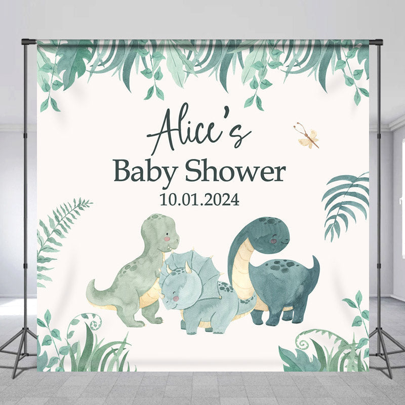 Lofaris Custom Name Dinosaur Green Baby Shower Backdrop