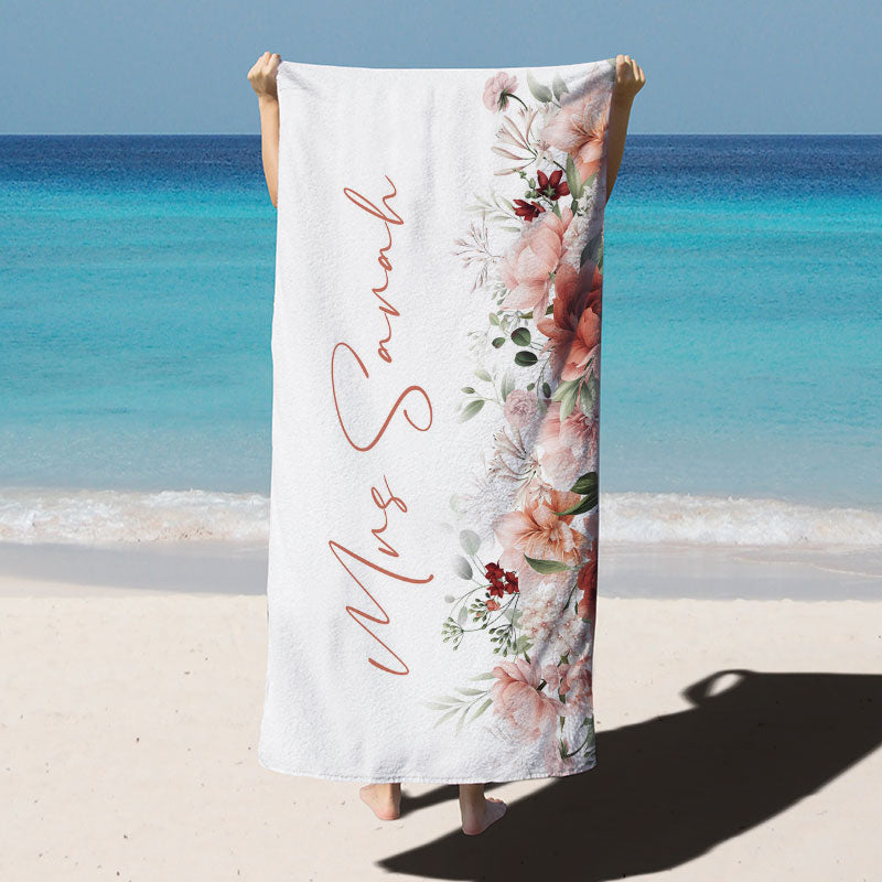 Lofaris Custom Name Floral Bride Pool Beach Towel