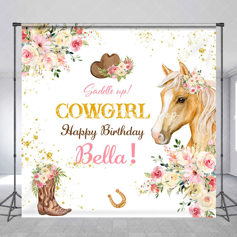 Lofaris Custom Name Floral Cowgirl Horse Birthday Backdrop