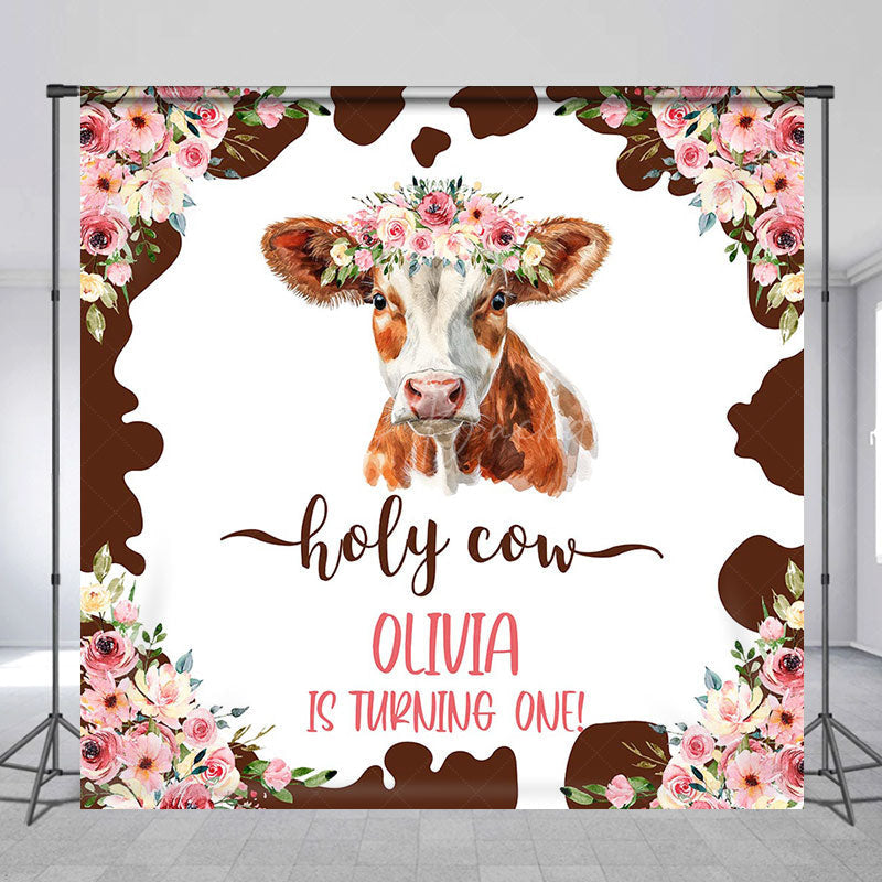 Lofaris Custom Name Floral Holy Cow 1st Birthday Backdrop