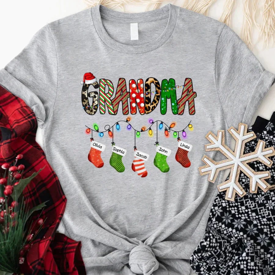 Lofaris Custom Name Grandma Christmas Stockings T-Shirt