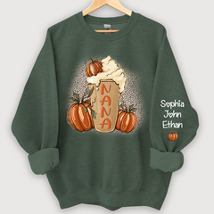 Lofaris Personalized Nana Latte With Pumpkin Grandkids Fall Coffie Sweatshirt