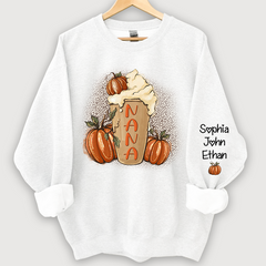 Lofaris Personalized Nana Latte With Pumpkin Grandkids Fall Coffie Sweatshirt