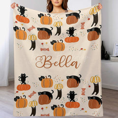 Lofaris Custom Name Orange Pumpkins Cats Halloween Blanket