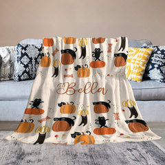 Lofaris Custom Name Orange Pumpkins Cats Halloween Blanket