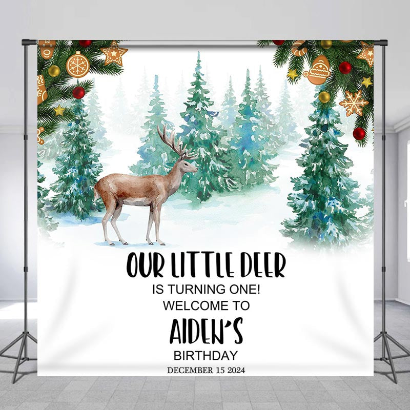 Lofaris Custom Name Pine Forest Deer 1st Birthday Backdrop