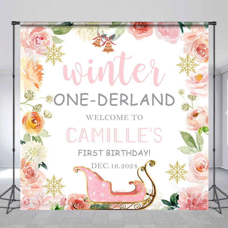 Lofaris Custom Name Pink Floral Sleigh 1st Birthday Backdrop