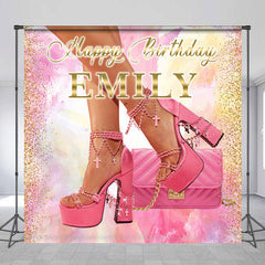 Lofaris Custom Name Pink Highheel Happy Birthday Backdrop