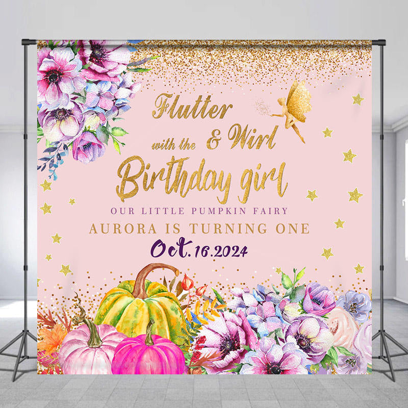 Lofaris Custom Name Pink Pumpkin Floral Birthday Backdrop